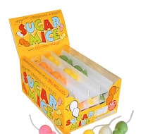 assorted coloured sugar mice in display box