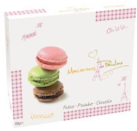 assortment of 9 macarons in gift box pistachio, chocolate and strawberry