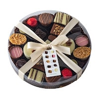 assorted belgian chocolates in 18cm cello round with ribbon