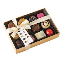 12 assorted belgian chocolates in gold box with cello lid and ribbon